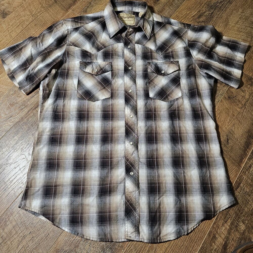 Wrangler Western Shirt Mens Large Brown Plaid Pearl Snap Short Sleeve Cowboy